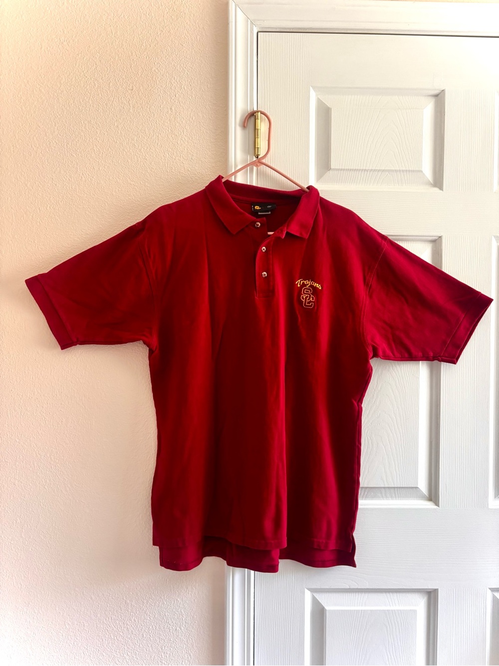 USC Embroidered Team Trojan Red Polo Silk Blend Shirt Mens Size XL